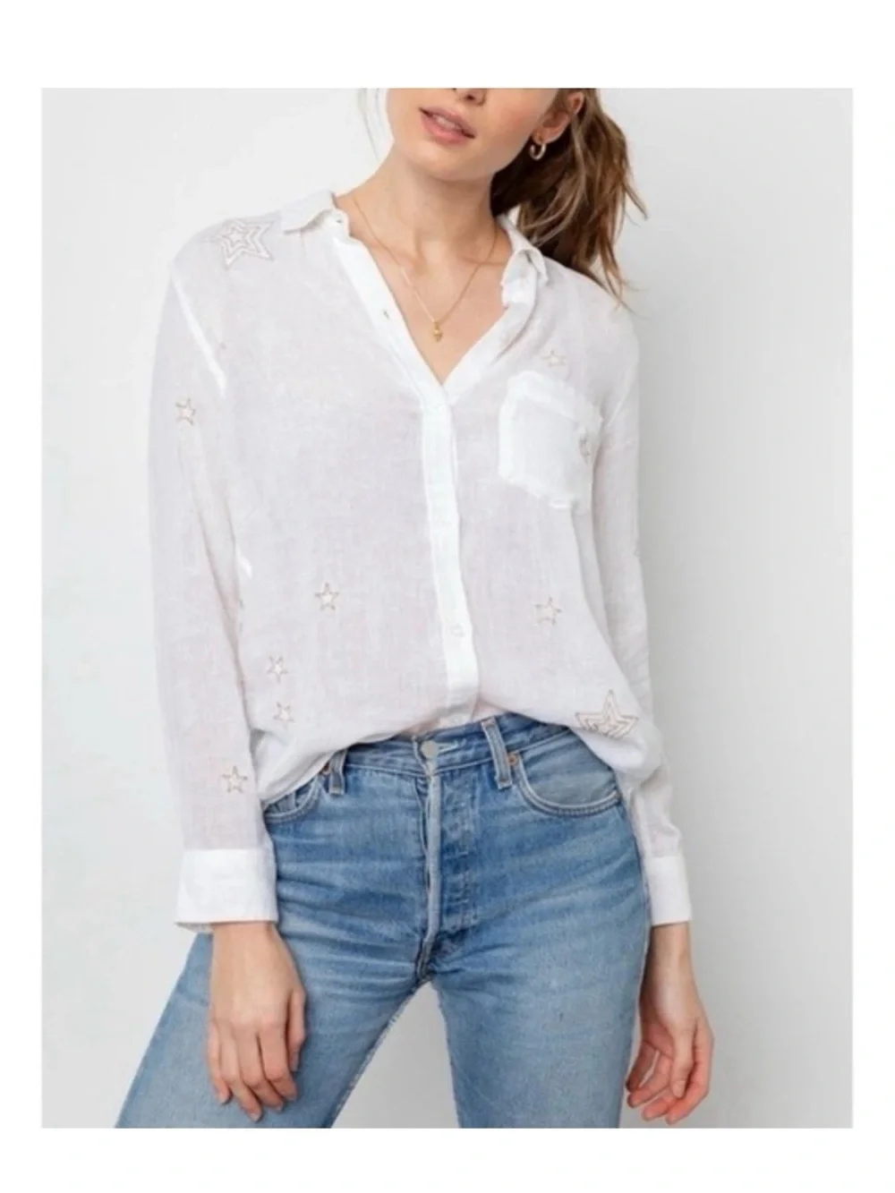 Rails Charli button down metallic gold star white linen blend top, small - Picture 2 of 13